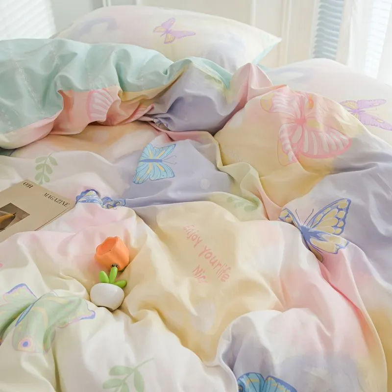Aonga Korean Style Duvet Cover Set with Zipper Flat Sheet Pillowcases No Filler Girl Bed Linen Single Full Queen Size Bedding Set aonga