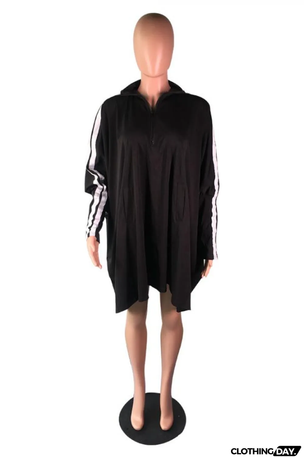 Black Mandarin Collar Solid Zippered Polyester Pure Long Sleeve Sweats & Hoodies