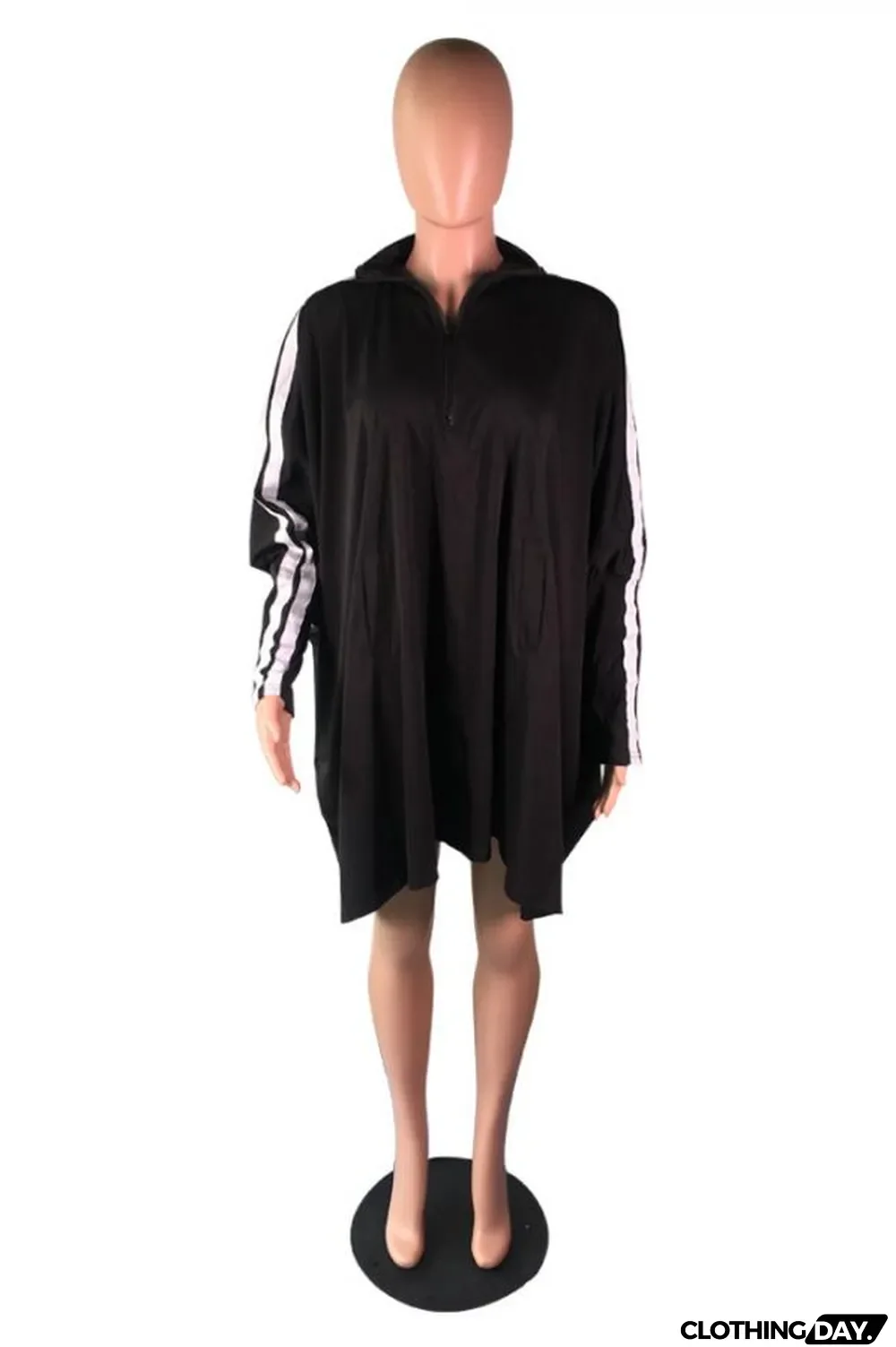 Black Mandarin Collar Solid Zippered Polyester Pure Long Sleeve Sweats & Hoodies