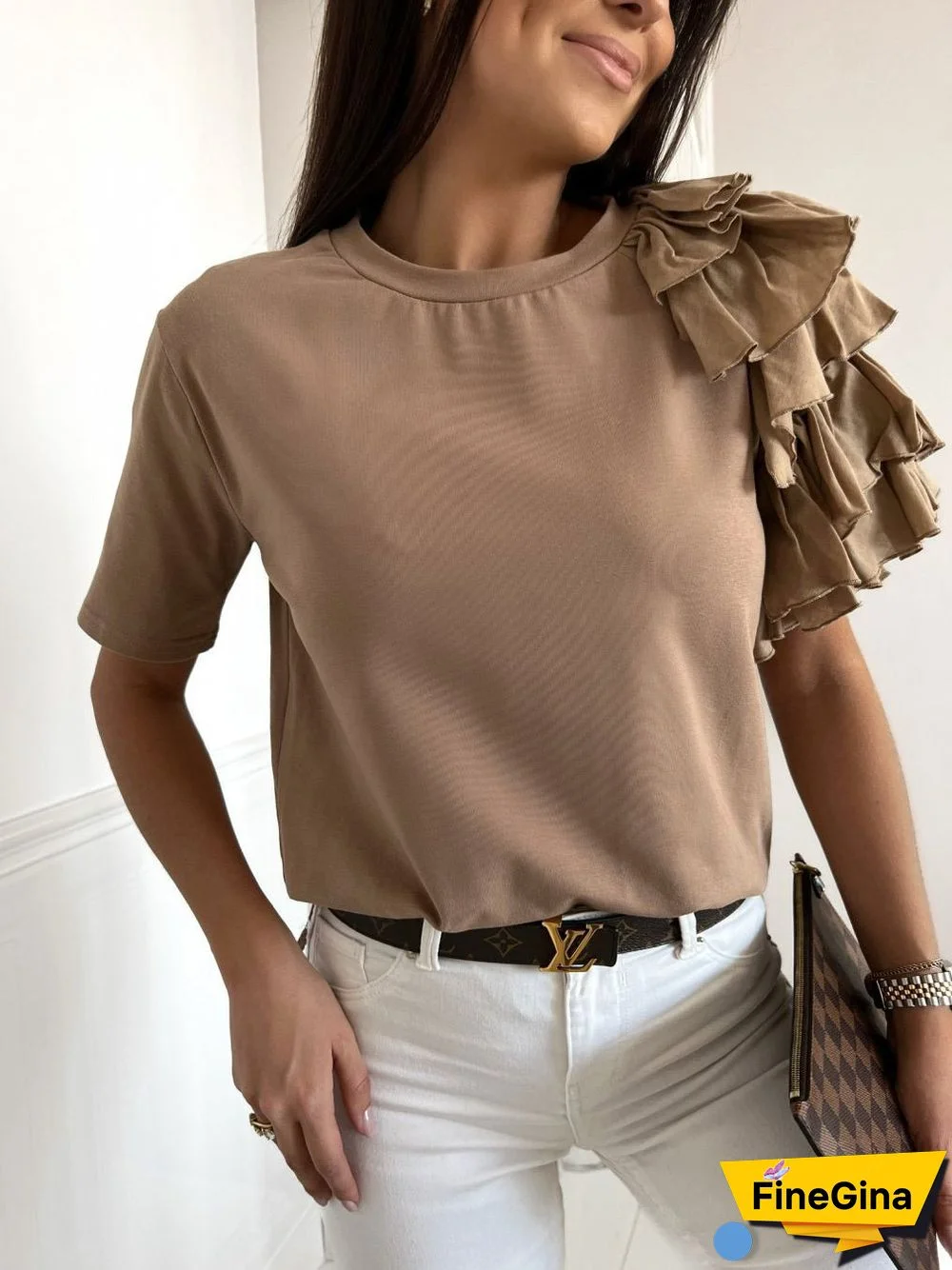 Women'S T-Shirts Solid Simple Ruffle Short Sleeve T-Shirt