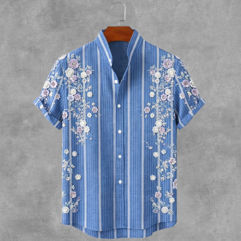 Men's Striped Floral Art Print Short Sleeve Shirt elevenforest