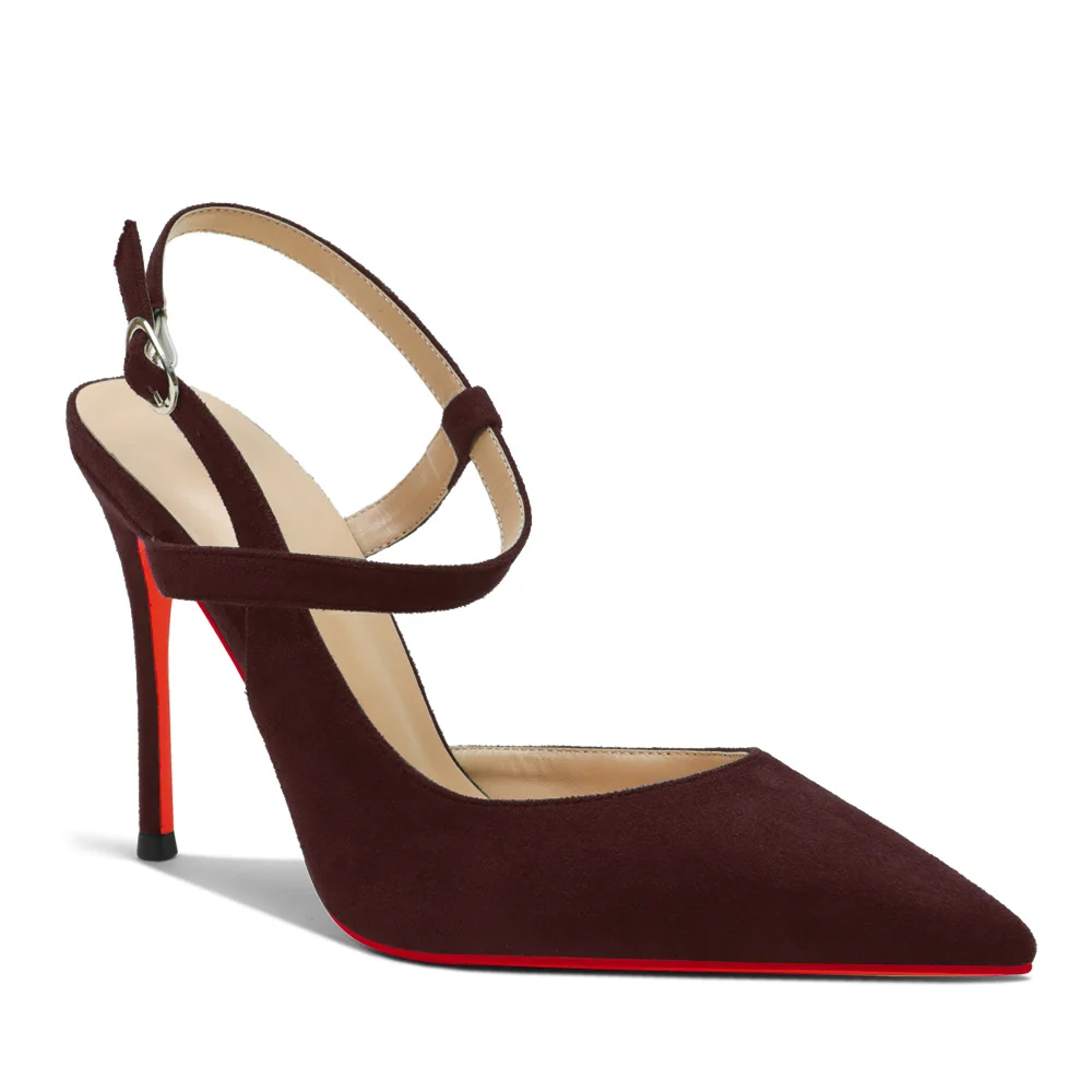100mm Women Slingback Pumps Ankle Strap Jenlove Stiletto Mid Heel Close Pointed Toe Dress Red Bottoms Suede Shoes-MERUMOTE