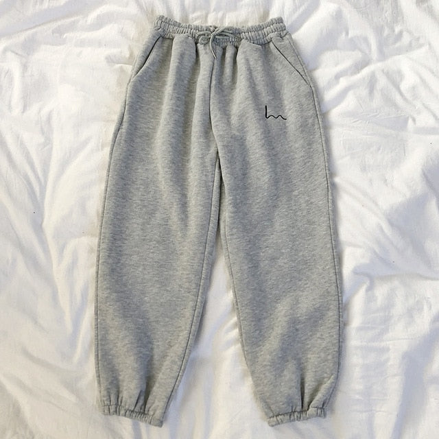 LANFUBEISI Mooirue Winter Women Harem Pants Stripes Embroidery Gray Black Fleece Pants Bottom Lanfubeisi