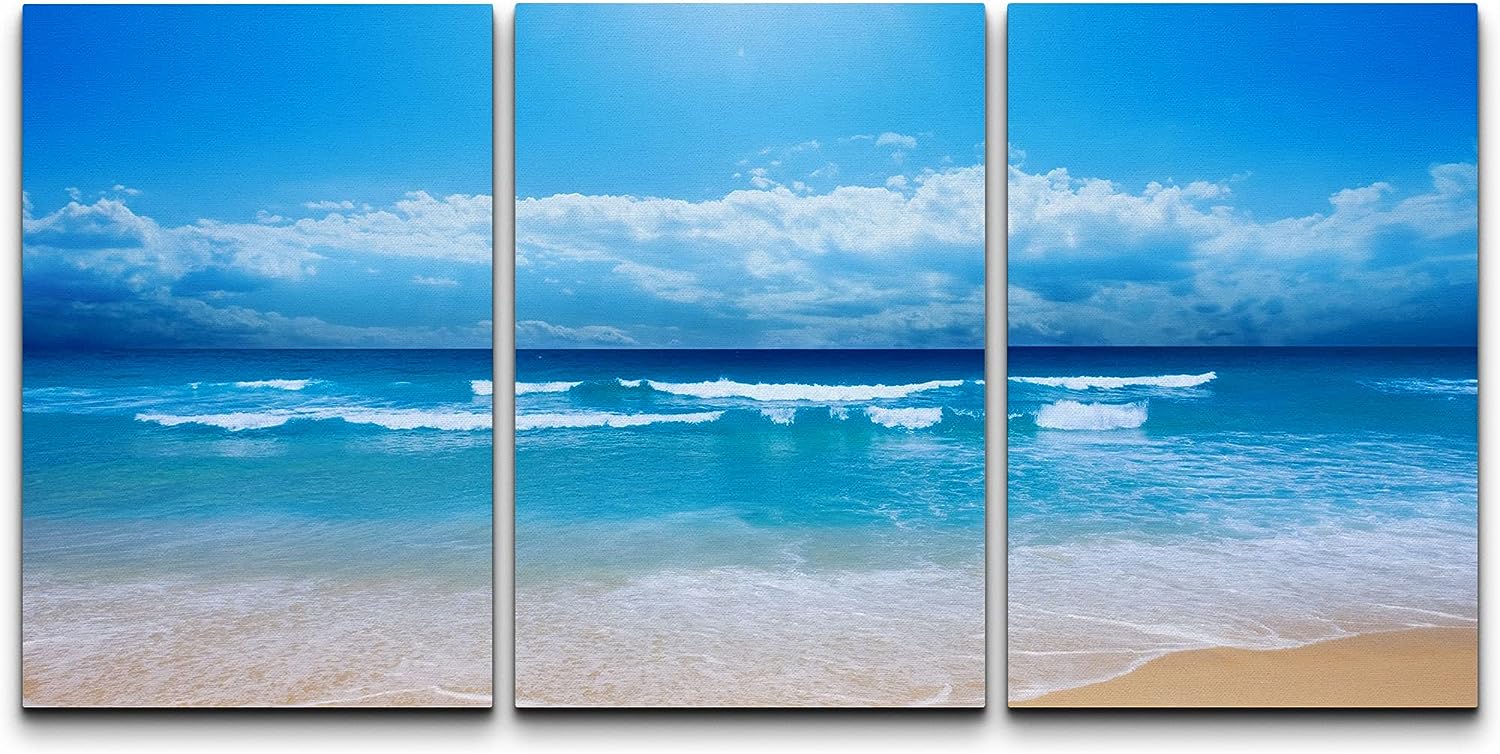 wall26 Canvas Print Wall Art Set Vibrant Blue Beach Shore, Waves & Clouds Nature Wilderness Photography Realism Rustic Scenic Relax/Calm for Living Room, Bedroom, Office - 24 inch x36 inch x3 PanelsPanels 36&#034; x 24&#034; x 3 Panels