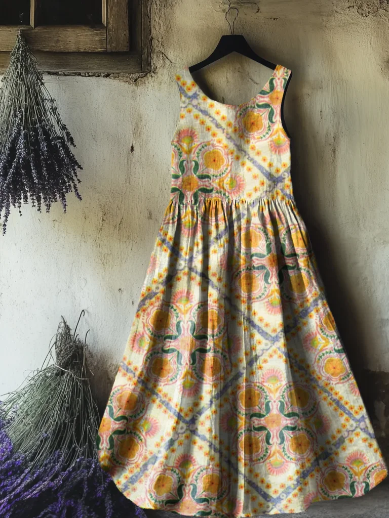 Women's Painting Floral Art Print Sleeveless Cotton Pocket Dress