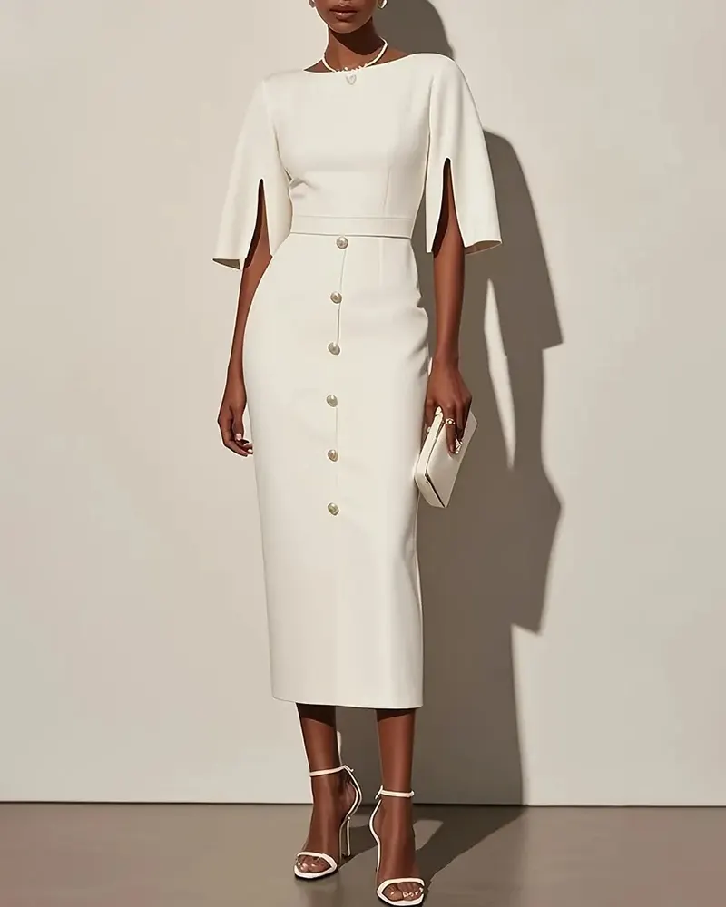 Split Sleeve Round Neck Row Of Decorative Buttons Pencil Skirt Midi Dress