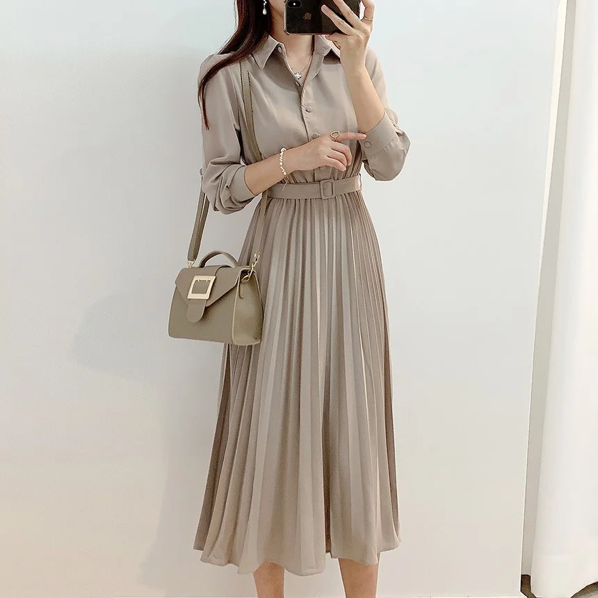 Ueong Ueong Chic Spring Dress New Elegant Single-Breasted Lapel Shirt Dress Closed Waist Show Thin In The Long Pleated Skirt
