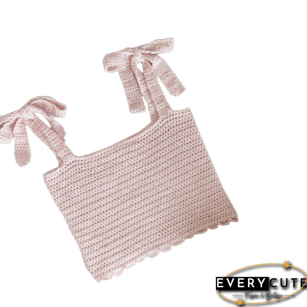 Light Pink Lace Up Short Style Knit Sling Vest