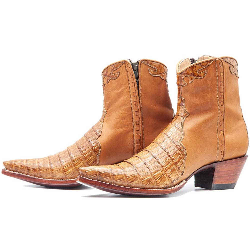 Tan Croco Embossed Pointed Toe Chunky Heel Cowgirl Boots with Zipper Nicepairs