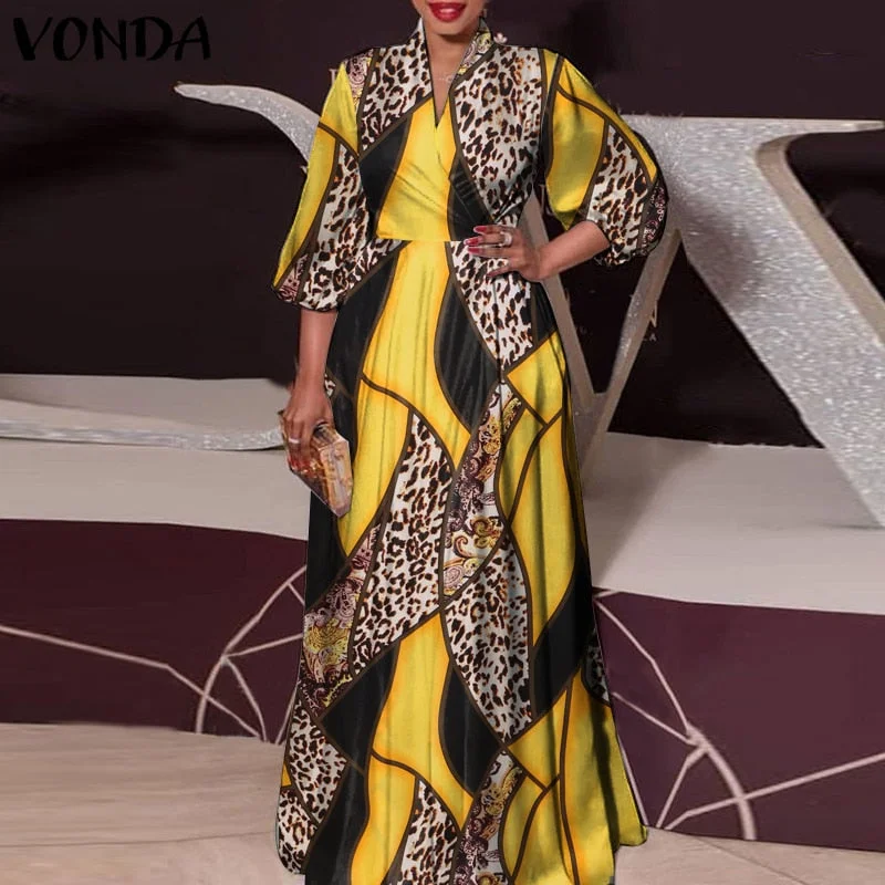 VONDA 2022 Summer Women Long Dress Sexy 3/4 Sleeve Vintage Print Pleated Maxi Sundress Bohemian Vestido Casual V Neck Party Robe