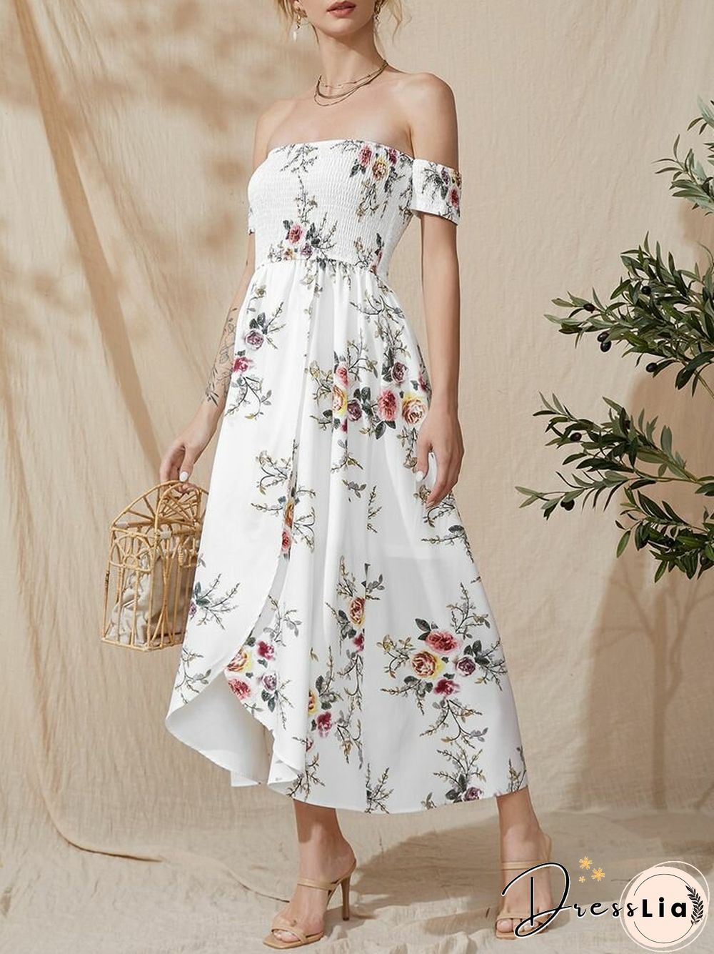 Flower Print Short Sleeve Asymmetrical Hem Maxi Dress