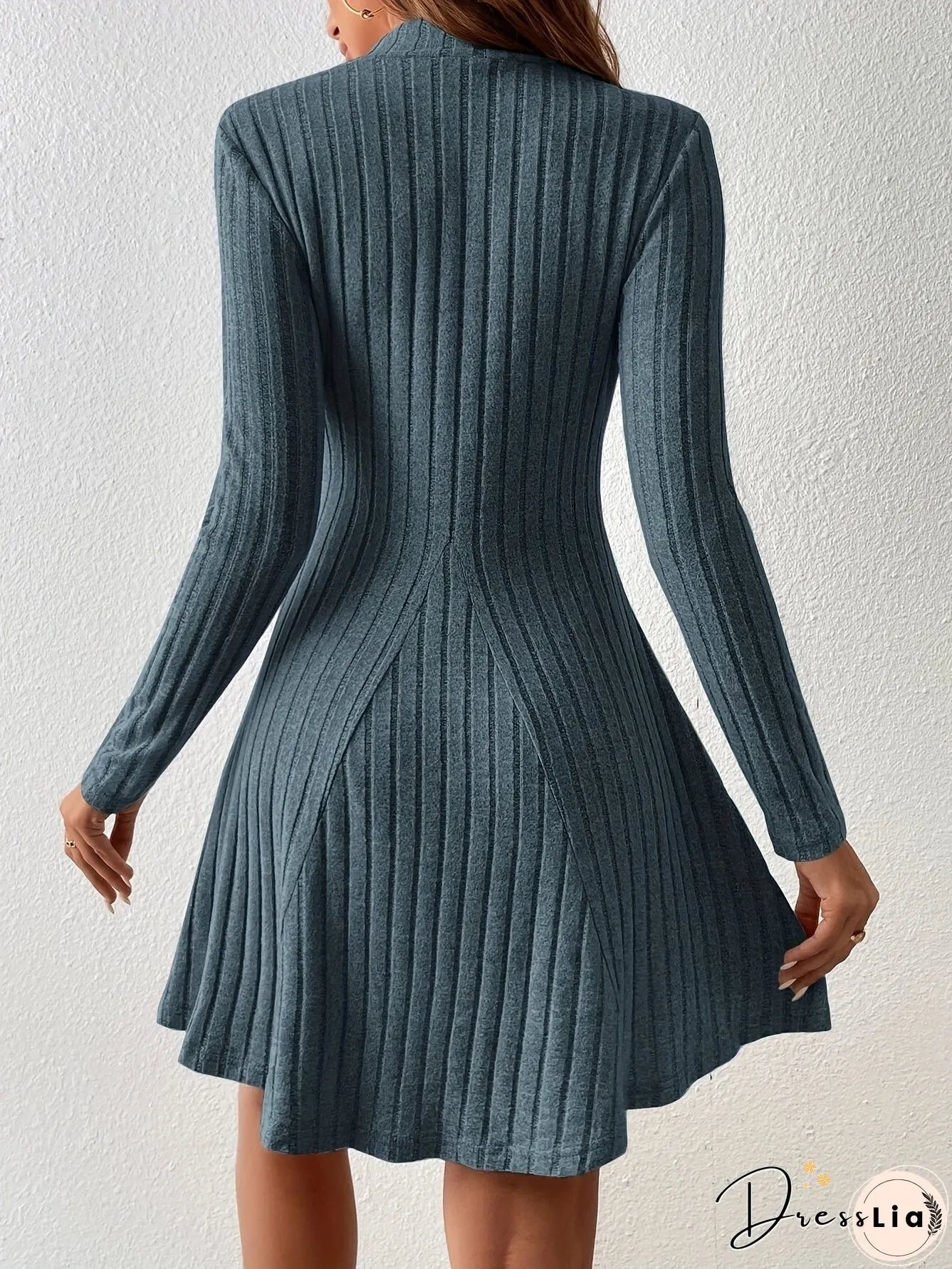 Solid Ribbed Dress, Casual Mock Neck Long Sleeve Dress, Women's Clothing