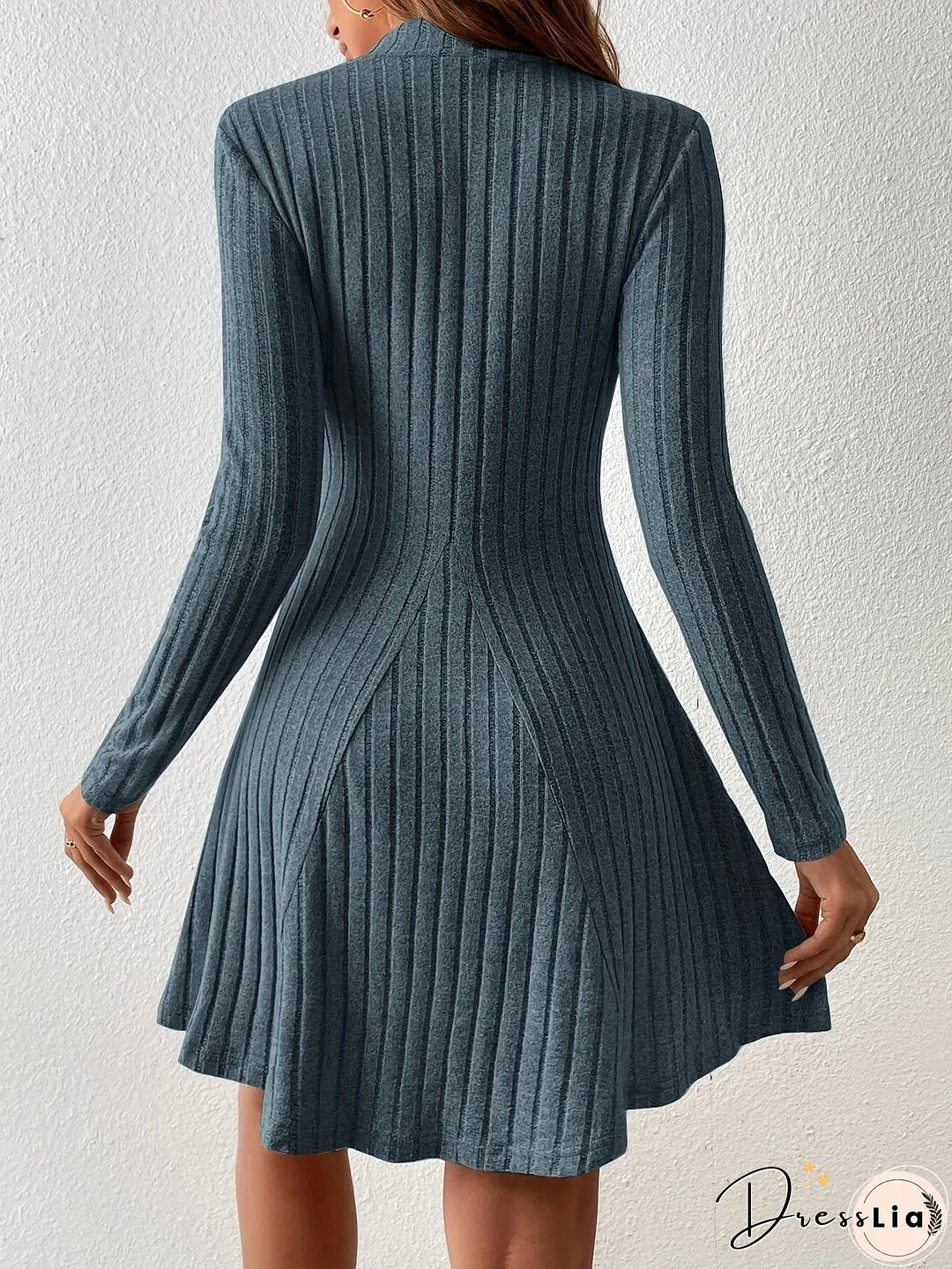 Solid Ribbed Dress, Casual Mock Neck Long Sleeve Dress, Women's Clothing
