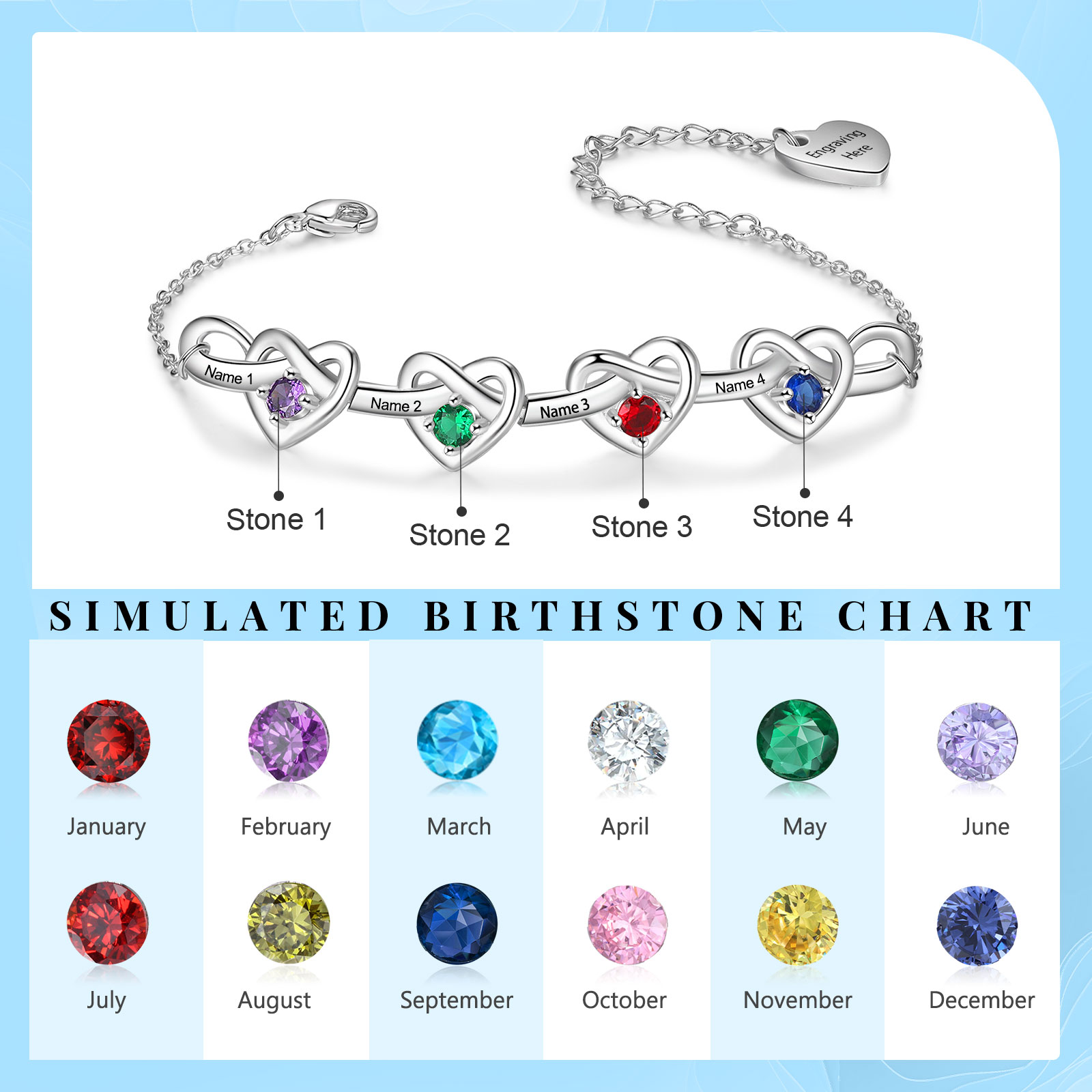 4 Names - Personalized Linked Heart Bracelet Custom 4 Birthstones Engraved Text Bracelets- Mother's Day Gift for Mom/Grandma