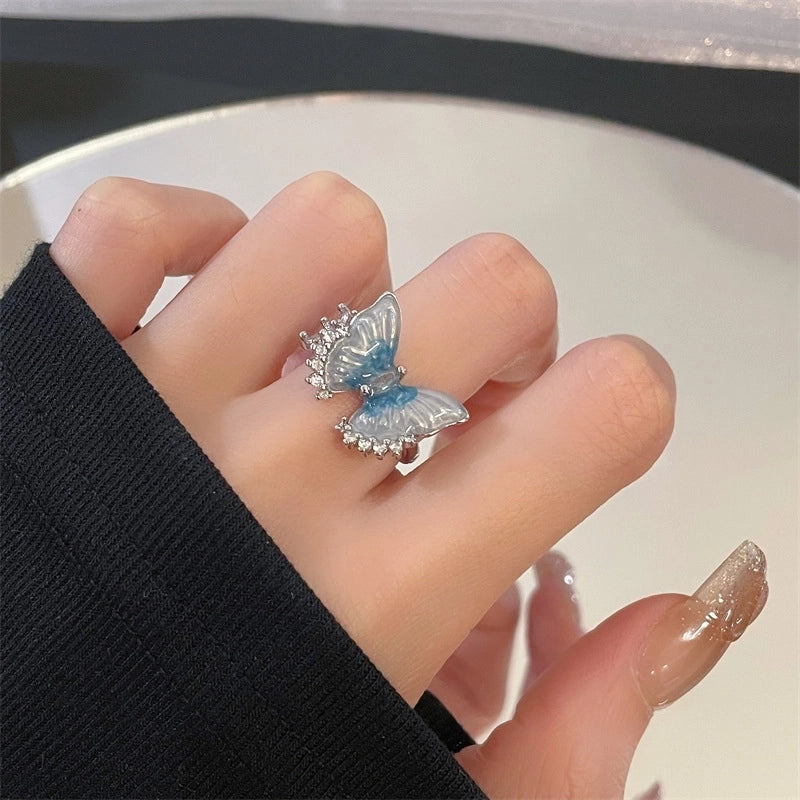 Copper Enamel Oval Butterfly Zircon Open Rings