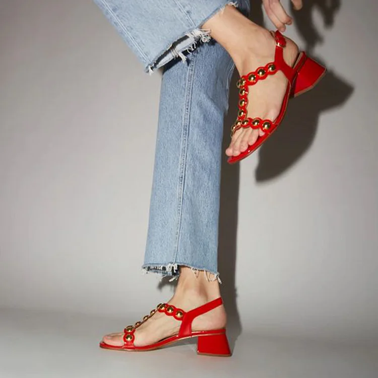 Red Square Toe Sandal Classic Ankle Strap Block Heels Summer Casual Studs Shoes |FSJ Shoes