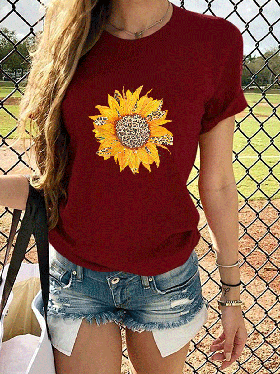 Leopard Sunflower Print Short Sleeve T-shirt
