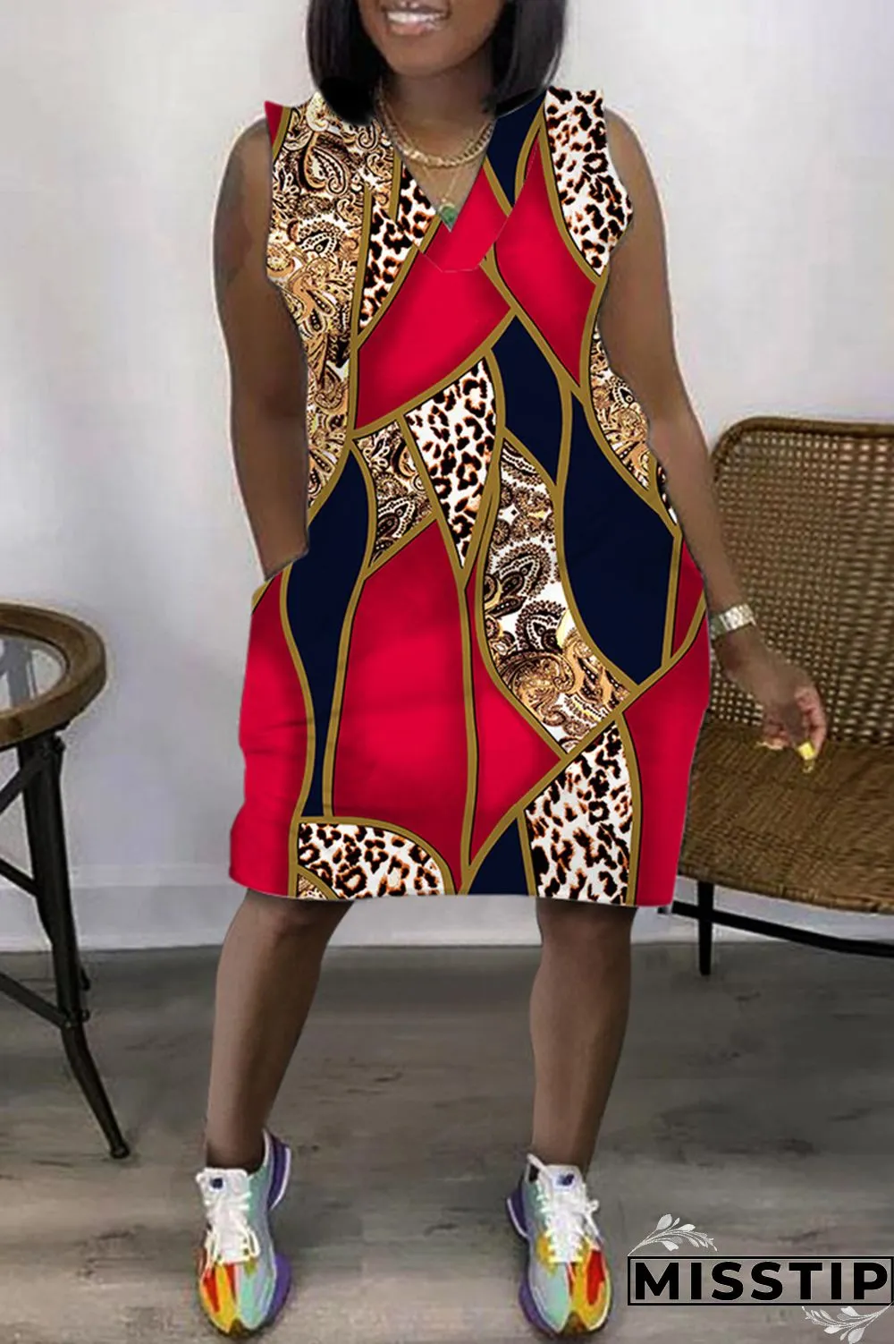 Purple Casual Print Patchwork V Neck Sleeveless Dress Dresses