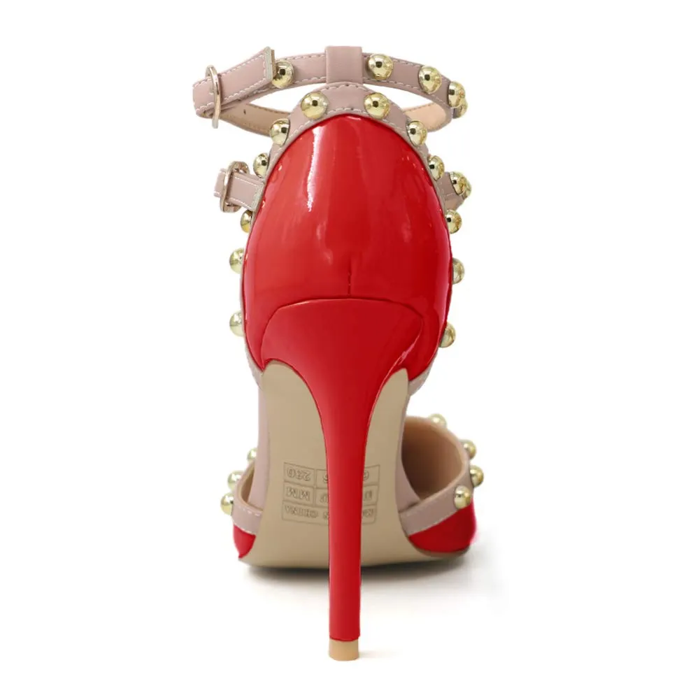100mm Womens Pointed Toe Pumps Round Rivets Ankle Strap Sandals-vocosishoes