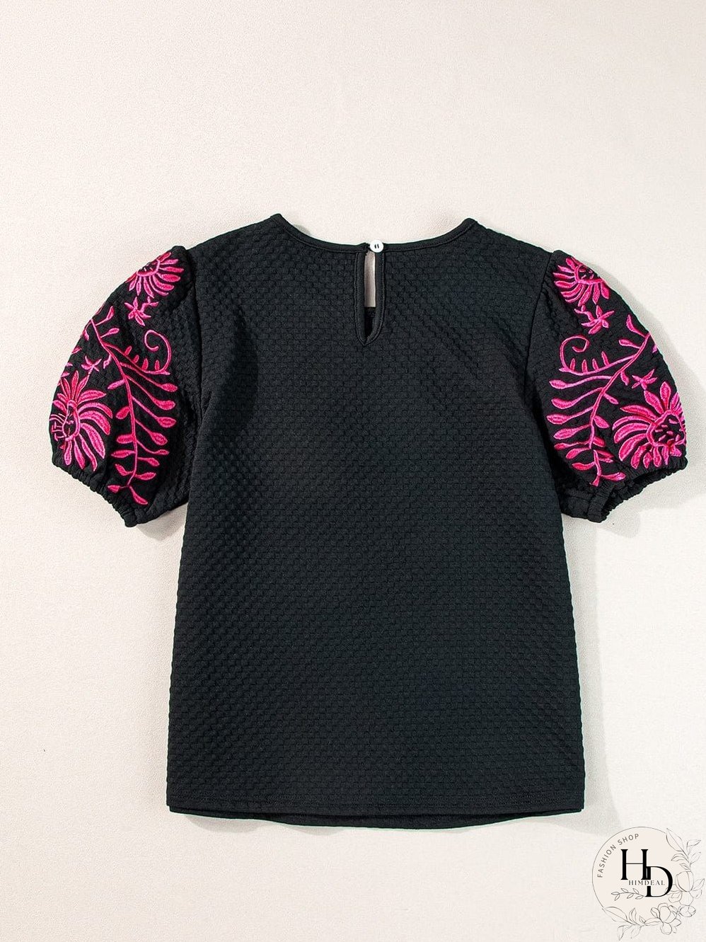 Summer Black Embroidered Puff Sleeve Top