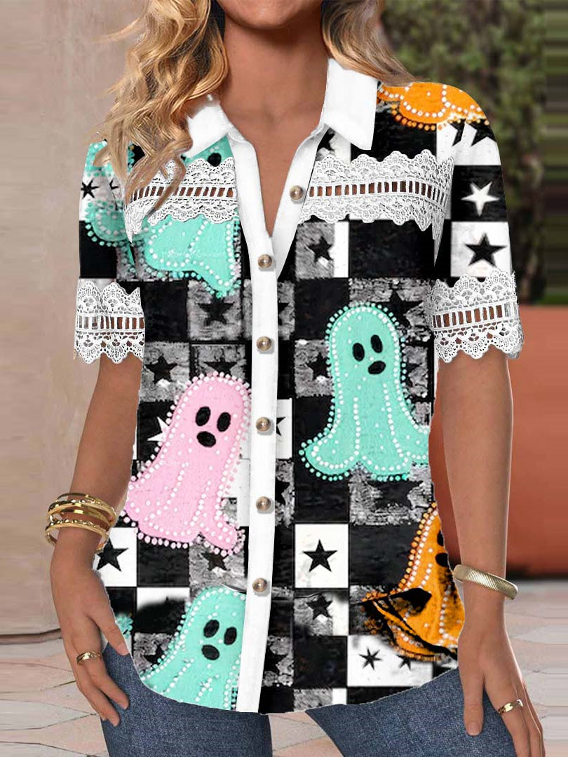 Women Short Sleeve V-neck Skull Printed Graphic Lace Hollow Stitching Button Tops