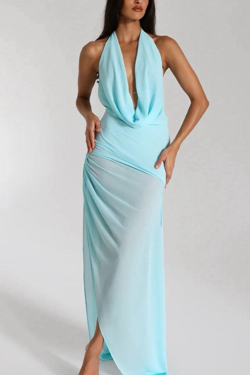 Lussooy Halter Straps Sleeveless Backless Deep V-Neck Long Evening Dress With Split 