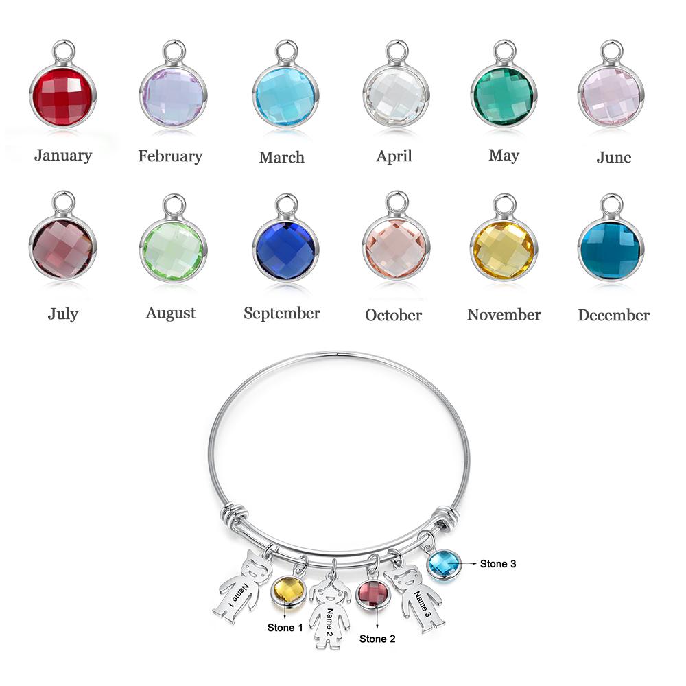 Women Bangle Bracelet with Kids Charms 3 Birthstones Engraved 3 Names Rose Box Set