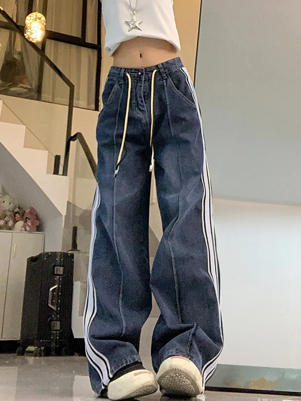 Brownm boyfriend jeans with splice piping and drawstring