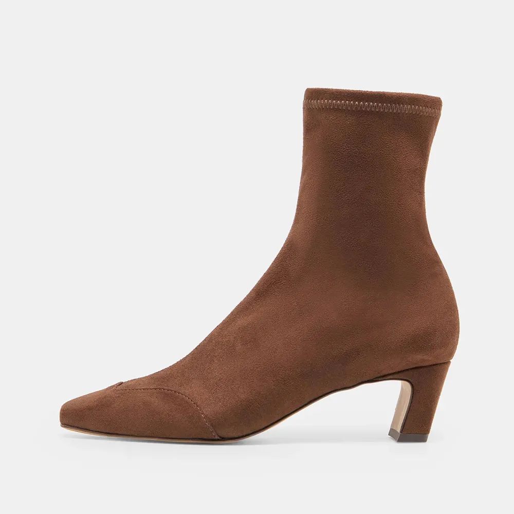 Women's Brown Vegan Suede Low Heeled Ankle Boots with Zipper