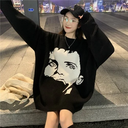 Korobov Oversize Long Sleeve O-Neck Sweaters Korean Cartoon Character Sueter Mujer Streetwear Women Harajuku Pullovers 79292