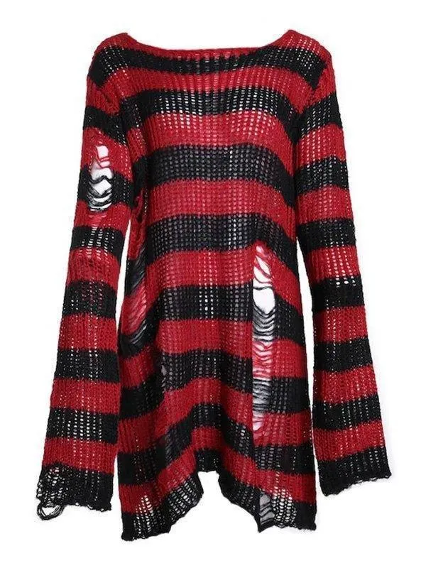 Brownm Distressed Stripe Longline Sweater