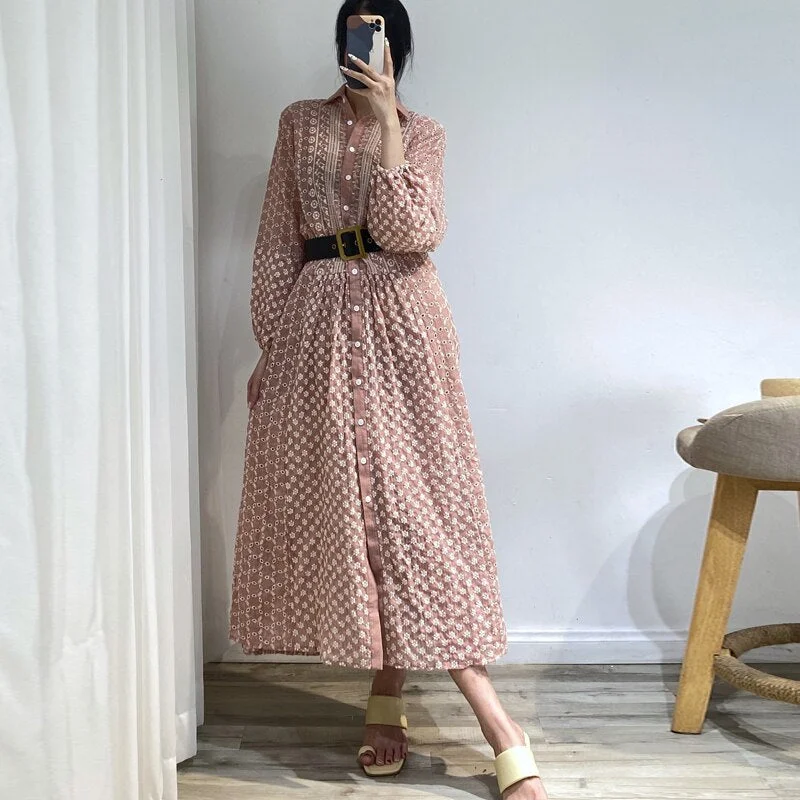 2021 Summer Women Chic Embroidery Midi Party Dress Casual Solid Long Sleeve Elegant A-Line Beach Shirt Dresses Ladies Vestidos