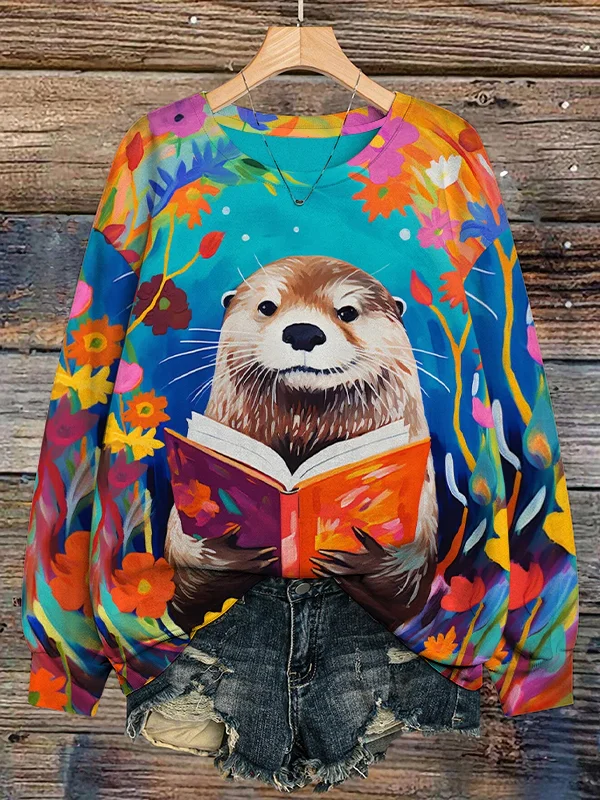 Women's Otter Reading In The Flowers Print Casual Sweatshirt