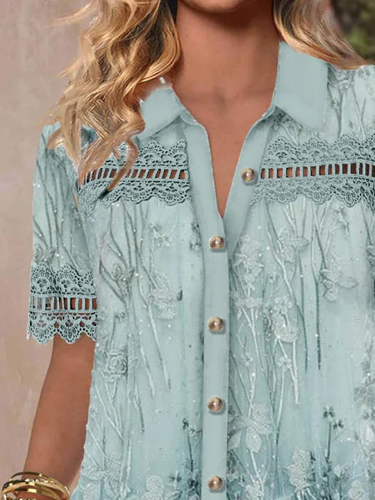 Women Short Sleeve Shirt Collar Floral Printed Graphic Lace Button Tops