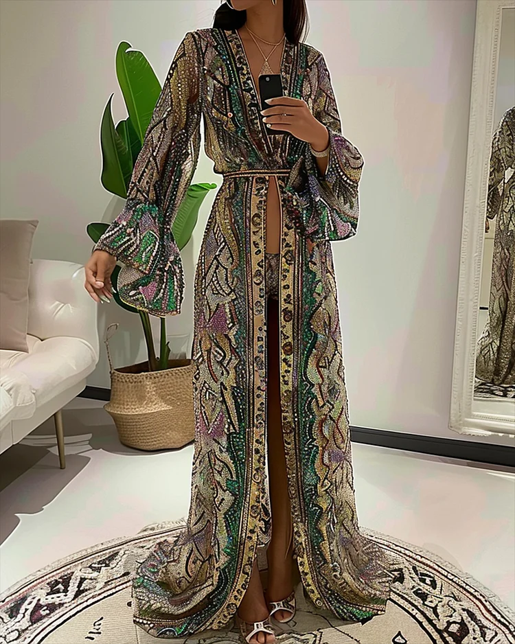 Women's V-neck trumpet sleeves slit sequins Dress