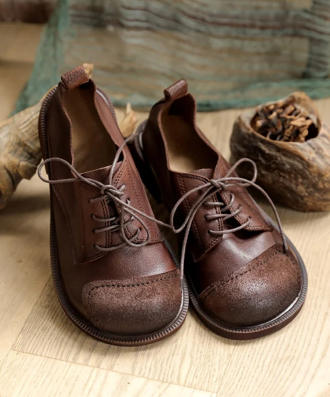 Retro Splicing Flat Shoes For Women Lace Up Coffee Cowhide Leather Flat Shoes