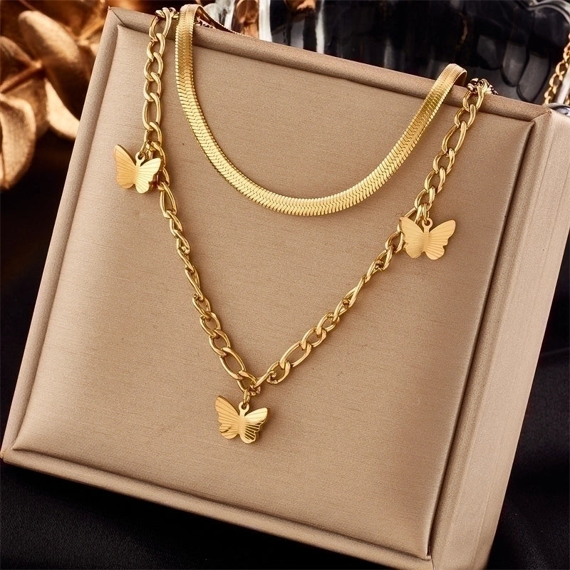 Basic Butterfly Titanium Steel Gold Plated Layered Necklaces 1 Piece