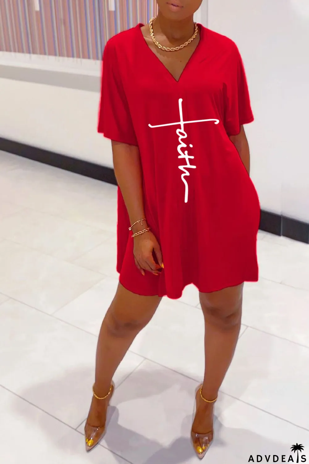 Tangerine Red Casual Print Split Joint V Neck Short Sleeve Two Pieces