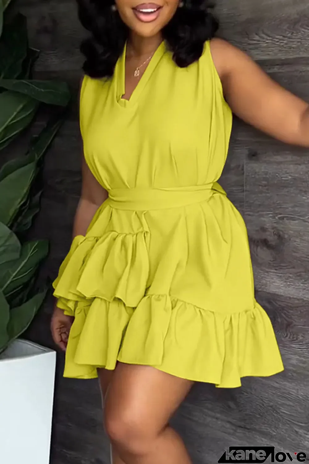 Yellow Casual Sweet Solid Patchwork Flounce With Belt Asymmetrical V Neck A Line Dresses
