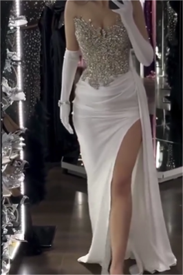 Hellodresses Charming White Sequins Strapless Sleeveless Pleated Long Prom Dress With Gloves