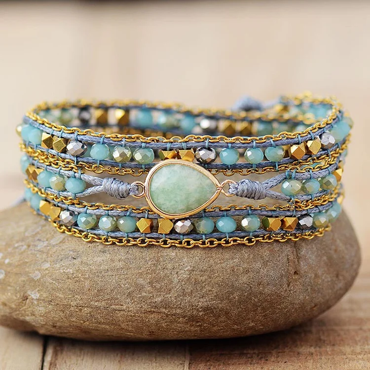 Amazonite crystal multi-layered braided bracelet
