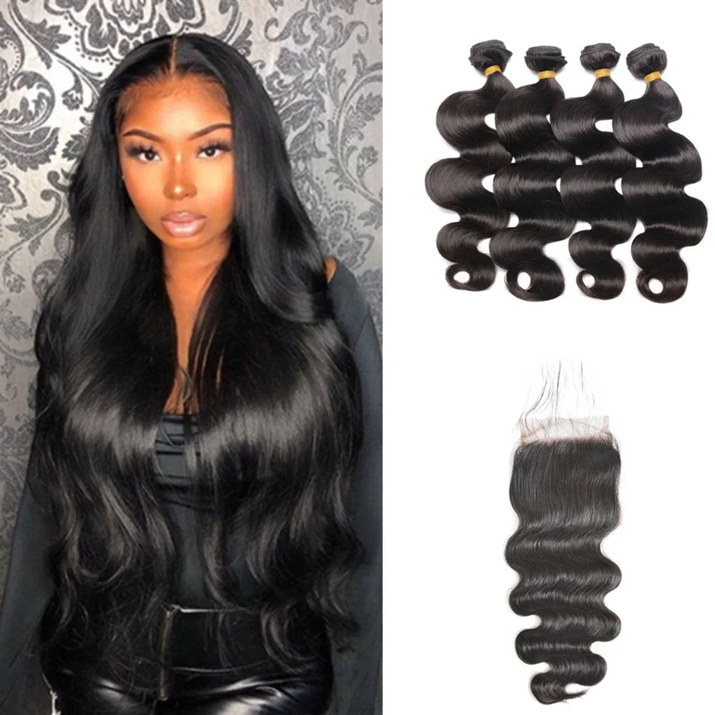 12A 4PCS + 4X4 HD Lace Closure Body  Wave 100% Human Hair With 4X4 Transparent Lace Closure