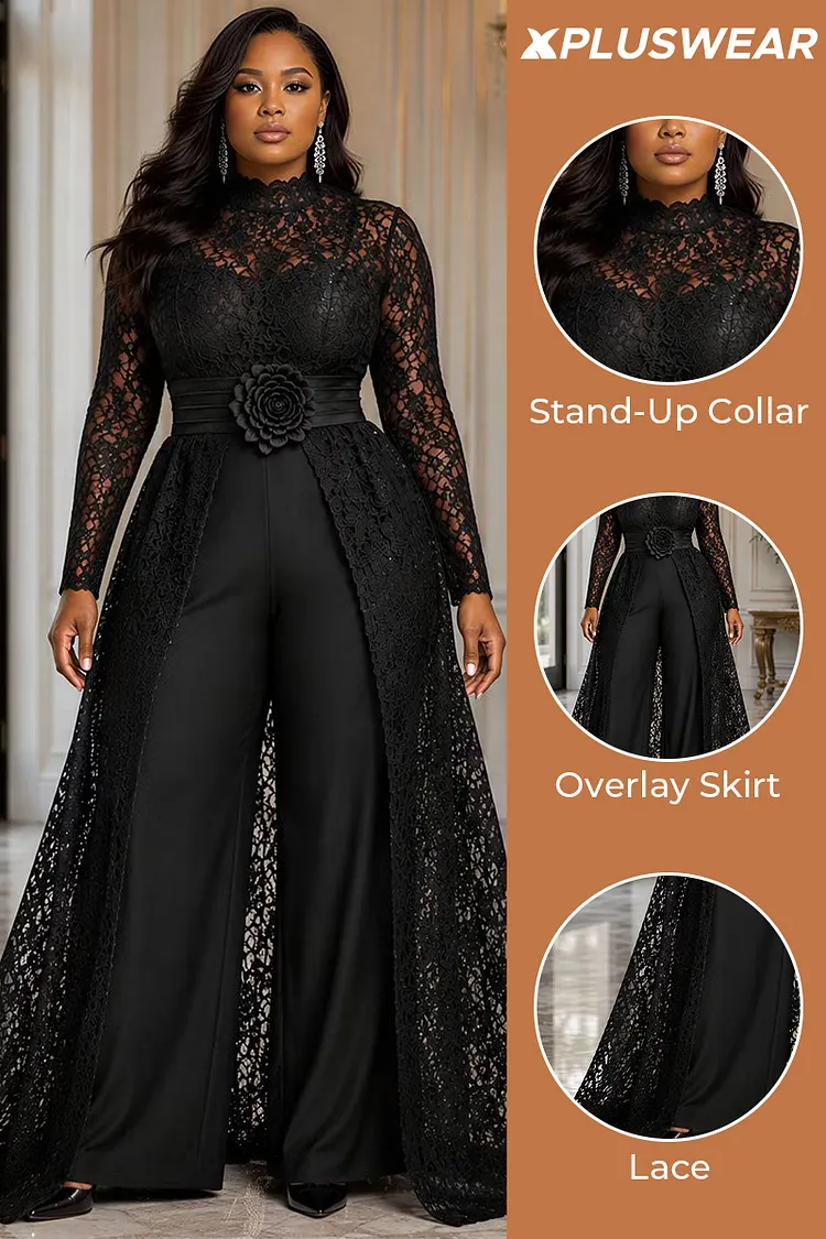 Xpluswear Design Plus Size Formal Black Stand-Up Collar Long