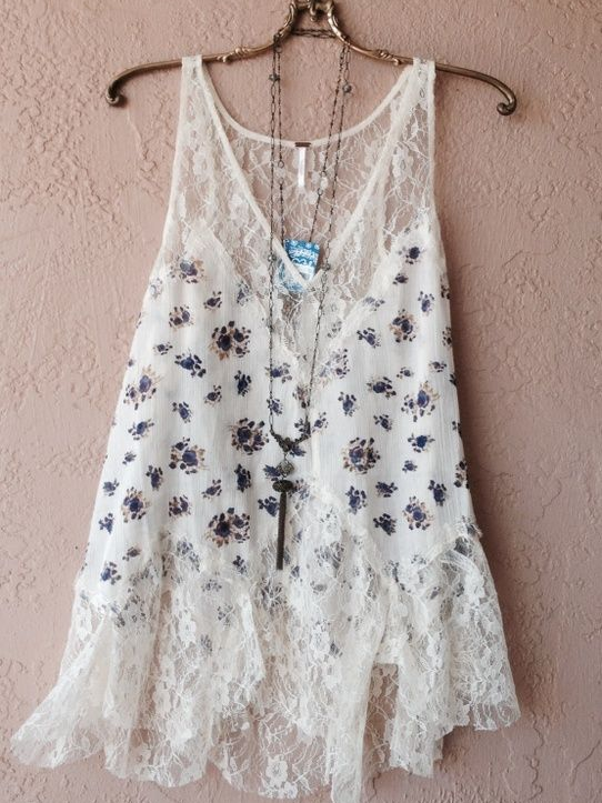 Women's Floral Print V-neck Lace Stitching Hem Casual Linen Tank Top