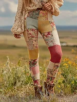 Women's Vintage Patchwork Floral Art Cozy Knit Leggings