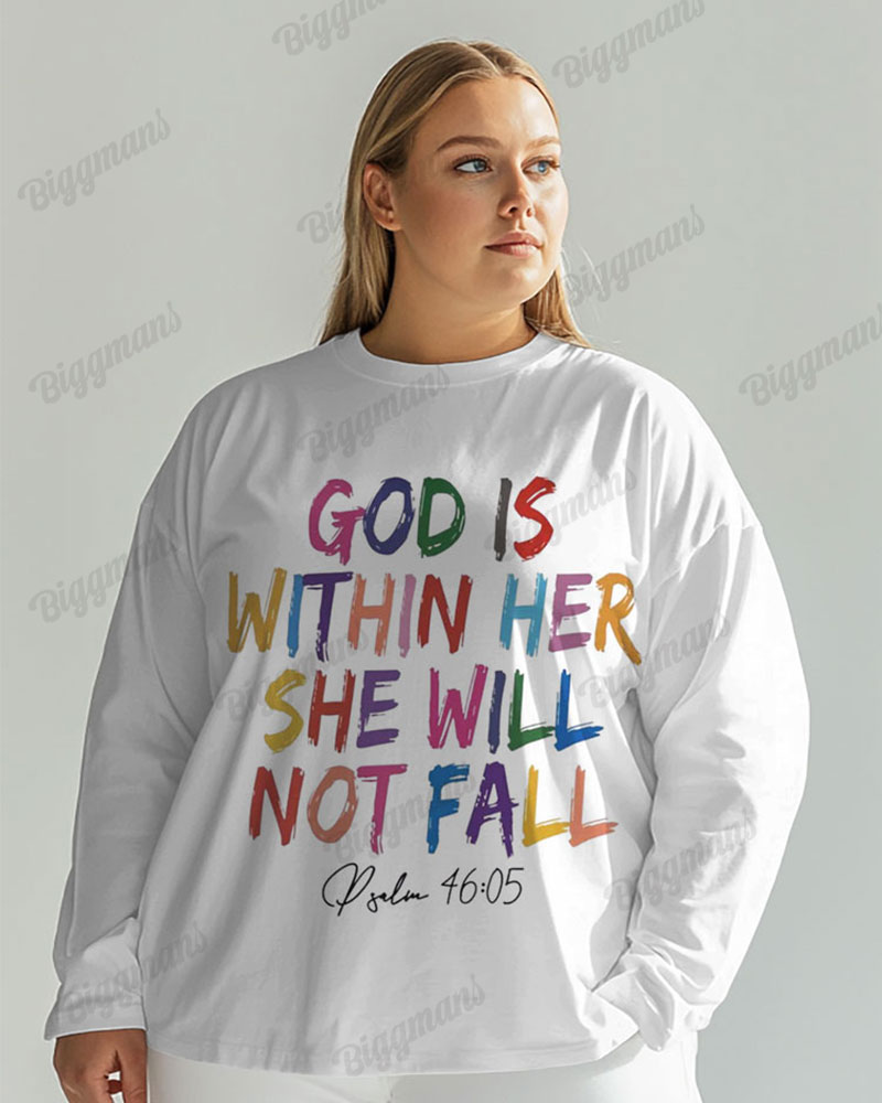 Women's Plus GOD IS WITHIN HER SHE WILL NOT FALL Print Long Sleeve T-shirt