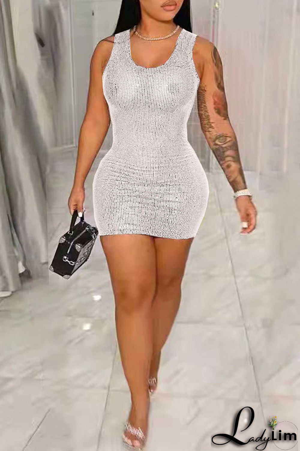 Blue Fashion Sexy Solid Sequins Patchwork O Neck Vest Dress