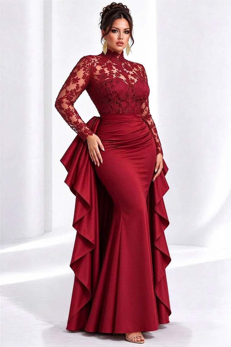 Xpluswear Design Plus Size Formal Satin Burgundy Mock Neck Long