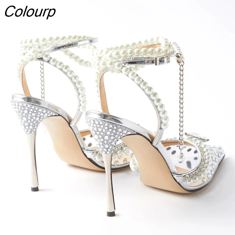 Colourp Rhinestones Pearls Transparent PVC Women Pumps Fashion Ankle Strap Bridal Thin High heels Summer Wedding Party Shoes