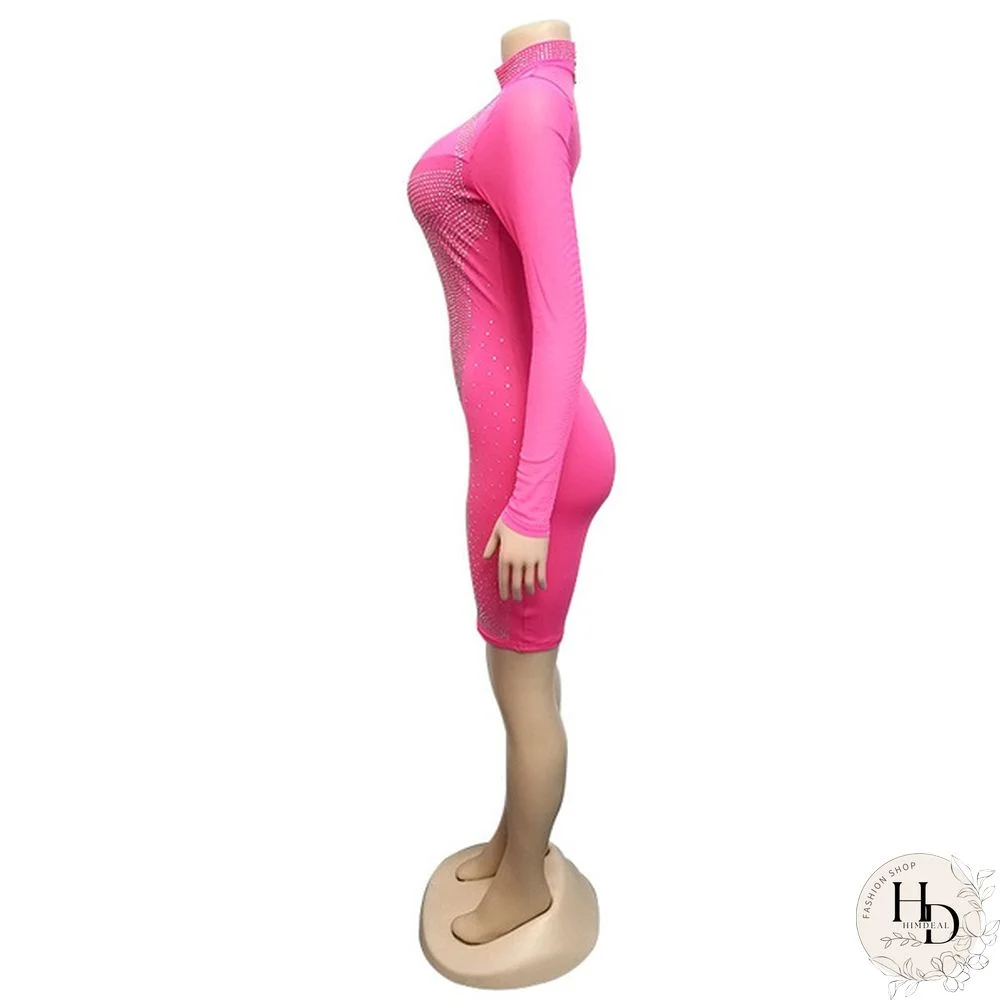 Women Sexy Night Club Dresses Bodycon Party Dress Bling Bling Rhinestone Zipper Sheer Long Sleeve Mini Dress White Black Blue Pink